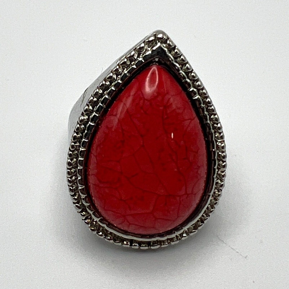 Large Womens Fashion Ring Statement Teardrop Silver Tone Orange Pink Glass Stone
